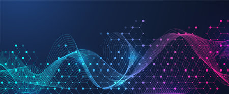 Molecular abstract structure and genetic engineering DNA. Healthcare and medicine background concept. Scientific research background. Wave flow. Innovation pattern. Vector illustration.のイラスト素材