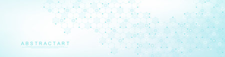Modern health care or medical background design. Health care innovation concept. Horizontal header web banner. Abstract geometric background with hexagon shapes for medicine, science, chemistry.のイラスト素材