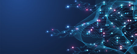 Modern technology circuit board texture background design. Quantum computer technologies concepts, large data processing. Futuristic blue circuit board background. Minimal vector motherboardのイラスト素材