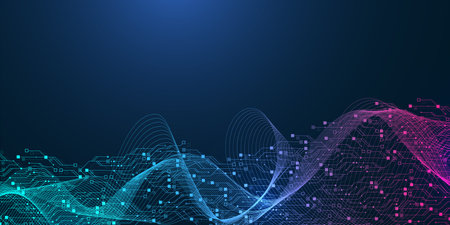 Modern technology circuit board texture background design. Quantum computer technology concept. Futuristic blue circuit board system background. Motherboard vector illustration.のイラスト素材