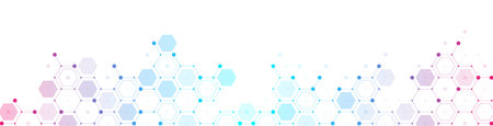 Modern health care or medical background design. Health care innovation concept. Horizontal header web banner. Abstract geometric background with hexagon shapes for medicine, science, chemistry.の写真素材