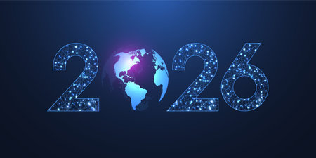 Illustration template 2026 in the style of new digits technology. Tech digital banner or header 2026 New year and Merry Christmas cardの写真素材