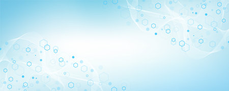 Modern health care or medical background design. Health care innovation concept. Horizontal header web banner. Abstract geometric background with hexagon shapes for medicine, science, chemistry.のイラスト素材