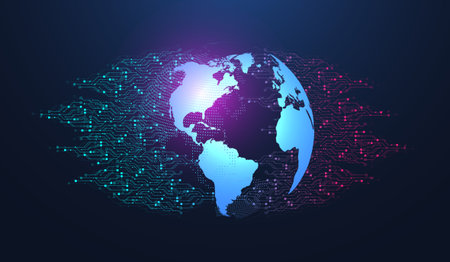 Modern technology circuit board texture background design. Quantum computer technology concept. Futuristic blue circuit board system background. Motherboard vector illustration.のイラスト素材