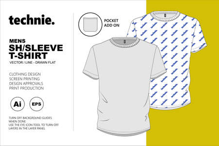 Short Sleeve T-shirt Vector Flat Template for the use in Fashion Design of clothing and accessories. Additional bonus pocket add onのイラスト素材