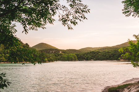 Beautiful mountain lake at the sunsetの写真素材