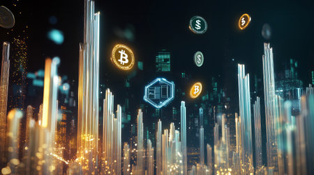 Cryptocurrency trading and AI finance: digital city, blockchain network, fintech, automated investment, and digital economy.の素材