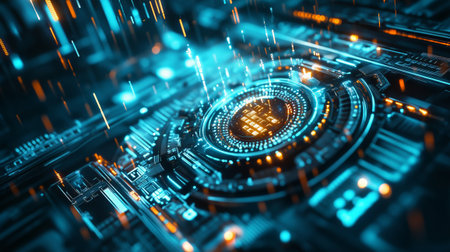 Quantum microchip, AI, technologies, and computing: modern illustration of a futuristic processor, electronic systems, and high-speed data processing.の素材