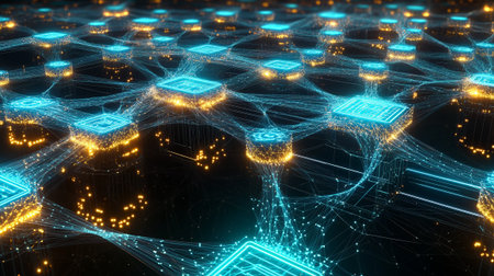 Abstract neural network, deep learning, AI, and big data analysis: interconnected futuristic digital technology and information flowの素材