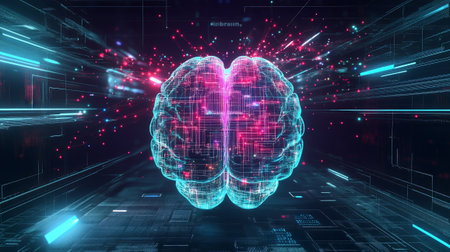 Digital brain machine learning, artificial intelligence processor: advanced computing, neural connections, and big data technology.の素材