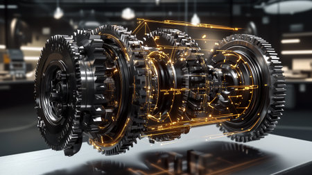 Engineering Mechanical 3D Modeling CAD Gear Assembly Technology. Industrial design development prototype visualization digital manufacturing automation concept 4K.の素材