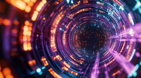 Machine Learning AI Training Data Stream Algorithm Tunnel Visualization. Futuristic Deep Neural Network Processing Abstract Cyber Space Illustration, 4K.の素材