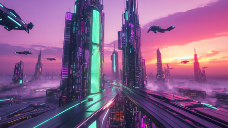 Synthwave Retrowave Pink Purple Futuristic Landscape 80s Style Background. Cyberpunk Neon Gradient Metropolis High-Quality 3D Visualization Abstract Illustration 4K.の素材