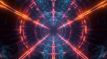 Wireframe Grid Tunnel Cyberspace Neon Lines Futuristic Background Illustration. Abstract 3D Space Retro Wave Digital Abstraction High-Quality Graphic Resource Asset 4Kの素材
