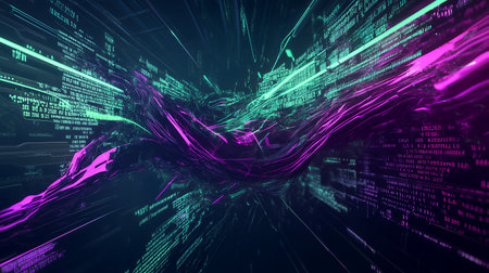 Data Flow Code Stream Cyberpunk Digital Visualization Futuristic Background Illustration. High-Speed Network Transfer Binary Matrix Abstract Text High-Quality 3D Render Asset 4Kの素材