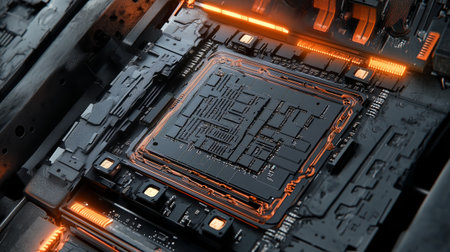 Industrial Heavy Duty PCB Circuit Board Engineering Automation Hardware. Futuristic Component Control System Factory Equipment High-Quality 3D Render Microprocessor 4Kの素材