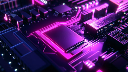 Retro Futuristic Synthwave Motherboard Processor Neon Aesthetic Background Design. High-Quality 3D Render Vintage Electronic Hardware Abstract Geometry Visualization 4Kの素材