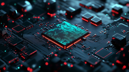 Security Chip Encryption Hardware Digital Defense Cyber Technology Background. Futuristic Processor Microchip Circuitry High-Quality 3D Render Abstract Visualization 4Kの素材