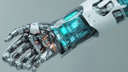 Bionic Hand Prosthetic Cybernetic Arm Augmentation Futuristic Interface Background. Human Augmentation Robotics Technology High-Quality 3D Render Digital Science Visualization 4Kの素材