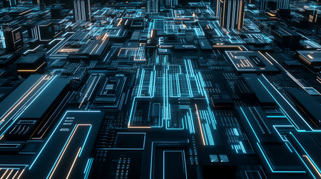 Circuit Board Pattern Seamless Texture Futuristic PCB Digital Trace Background. Electronic Hardware Motherboard Repeating Geometric Design High-Quality 3D Render Asset 4Kの素材