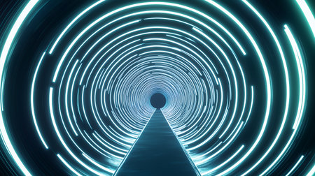 Neon Circles Concentric Pattern Seamless Repeating Glowing Futuristic Background. Abstract Geometric Light Effect Tunnel Digital Texture High-Quality 3D Render Illustration 4Kの素材
