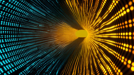 Rhythmic Dotted Pattern Tunnel Seamless Light Point Futuristic Background. Abstract Pixelated Matrix Repeating Digital Texture High-Quality 3D Render Asset 4Kの素材