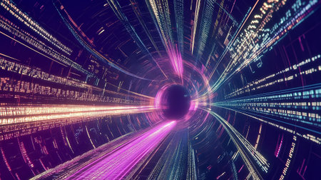Tunnel Vortex Data Flow Futuristic Speed Portal Abstract 3D Render. Matrix Warp Geometric Structure Digital Highway Modern Tech High-Quality Visualization 4Kの素材