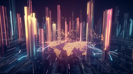 Data Visualization Infographic Geographic Data Analytics Futuristic 3D Render. Statistical Analysis Information Presentation Diagram Modern Corporate Financial Reporting 4Kの素材