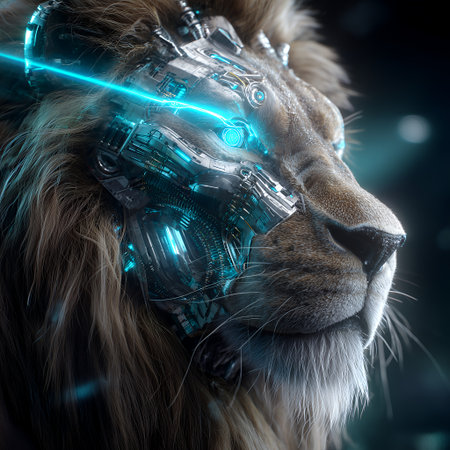 Cybernetic Lion Head Portrait Giborg Creature Technology Background. Futuristic Animal Neon Blue Cyan Light Metallic Implant Visualization 4K.の素材