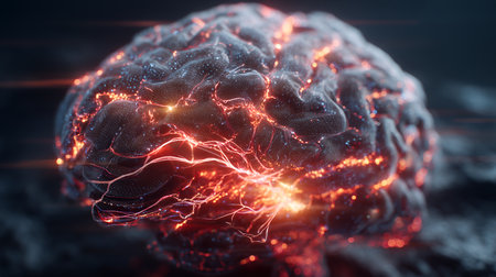 Glowing Human Brain Connect to Digital Network AI Technology Background. Organic Texture Fire Glow Raw Impulse High Activity Visualization 4K.の素材