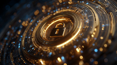 Digital Padlock Golden Security Ring Concept Cyber Defense. Access Control, Data Encryption Protection, Premium 3D Visualization, 4K.の素材