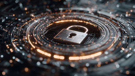 Digital Lock Cryptographic Key Access Concept Cybersecurity Defense. Protective Shield System Visualization and Data Protection 4K.の素材