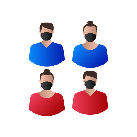Bright people portraits in protective masks. Young men and women in flat style.のイラスト素材