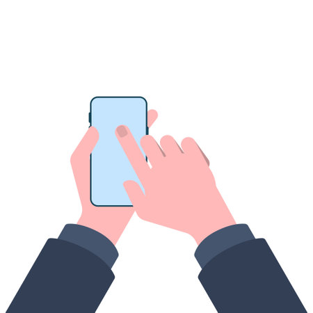 Illustration of hand holding smartphone isolated on white background. Vector in flat style.のイラスト素材