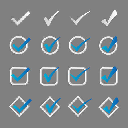 Set of white and blue checkmarks in a round button. The isolated blue buttons are ideal for mobile applications.のイラスト素材