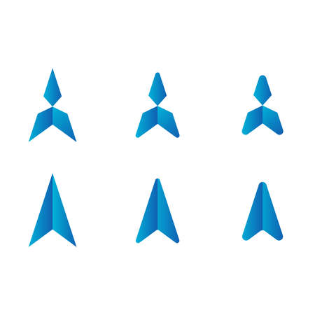 Blue icon in the form of a two-piece aircraft in six different versions. Easily scalable and suitable for logos or applications.のイラスト素材