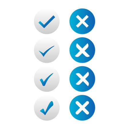 Set of blue and white check mark buttons in neomorphism (neumorphism) style. Designed for websites, mobile apps and other developers.のイラスト素材