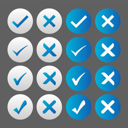 Set of blue and white check mark buttons in neomorphism (neumorphism) style. Designed for websites, mobile apps and other developers.のイラスト素材