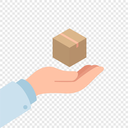 A cardboard box with a gift lies on his hand. Illustration for a delivery service.のイラスト素材
