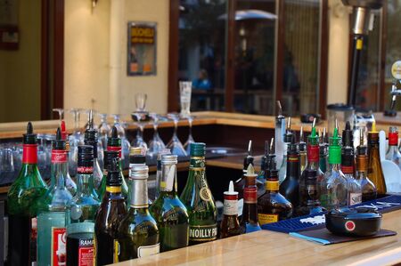 1 december 2007-basel-suisse-Liquor bottles on a bar counter,suisse