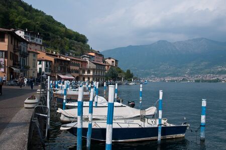 15 april 2017-peschiera maraglio -italy-The central street of the town of Peschiera Maraglio island of Monteisolaのeditorial素材