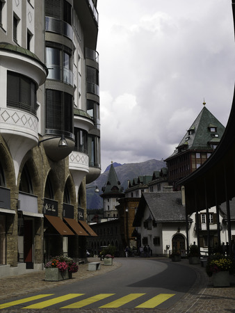 18 august 2018-saintz moritz-suisse-View of the main streets of Saint Moritz, a charming town located in Switzerlandのeditorial素材