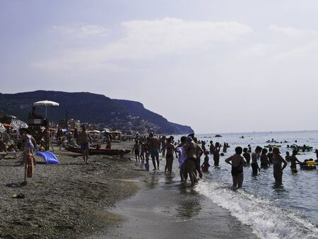 30 june 2019- Pietra Ligure- Italy- Beaches of Pietra Ligure in Liguriaのeditorial素材
