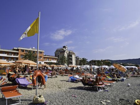30 june 2019- Pietra Ligure- Italy- Beaches of Pietra Ligure in Liguriaのeditorial素材