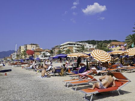 30 june 2019- Pietra Ligure- Italy- Beaches of Pietra Ligure in Liguriaのeditorial素材