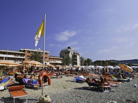 30 june 2019- Pietra Ligure- Italy- Beaches of Pietra Ligure in Liguriaのeditorial素材
