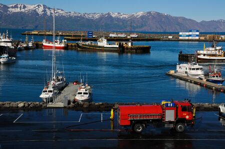28 july 2012-akureyri-iceland- Beautiful view of the port of Akereyriのeditorial素材