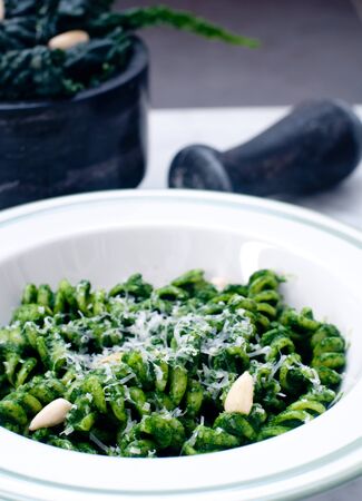pasta with black cabbage pesto,italyの写真素材