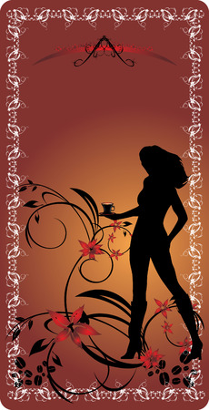 Silhouette of girl with cup of coffee on the decorative floral background. Vectorのイラスト素材