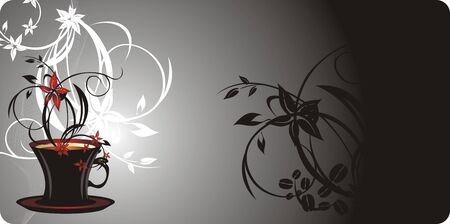 Cup with coffee and bouquet of flowers. Blank for card. Vectorのイラスト素材